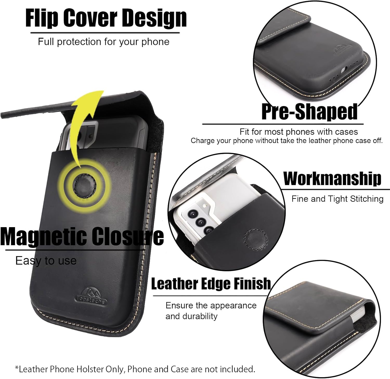 Topstache Funda de cuero para teléfono con clip para cinturón, funda universal para teléfono celular para iPhone 1413 Pro Max, S23 Plus con clip