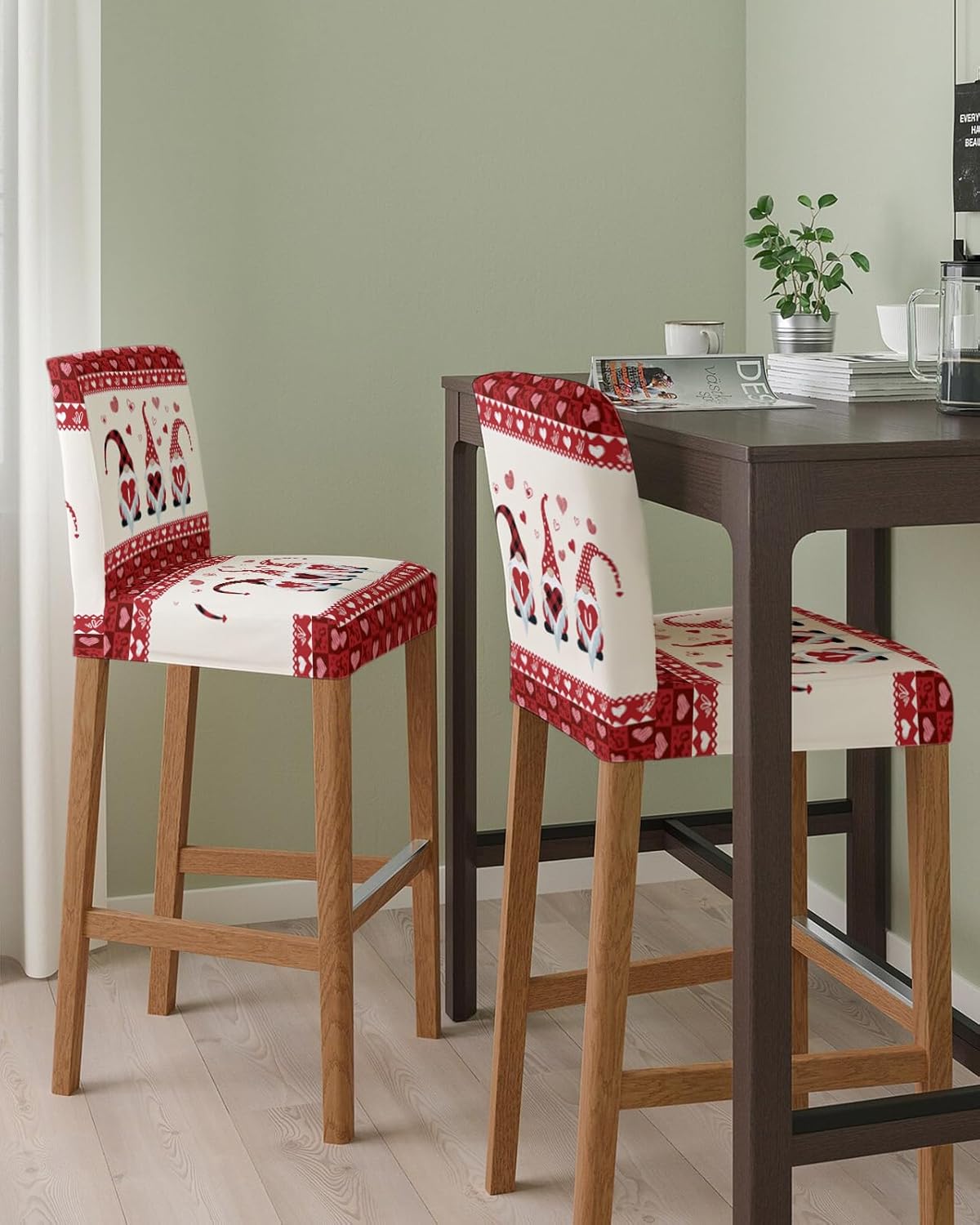 Bar Stool Covers Gnomes with Heart Stretch Removable Bar Chair Cover I Love You Red Buffalo Check Plaid Counter Slipcovers for Kitchen Pub Dining