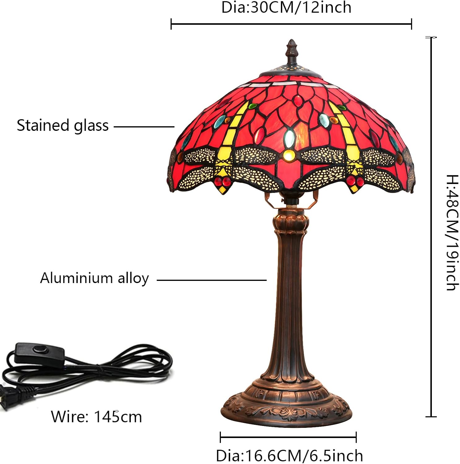 Tiffany Lámpara de mesa con libélula roja, 12 x 12 x 18 pulgadas, estilo libélula roja, luz de lectura, decoración al lado del dormitorio, sala de