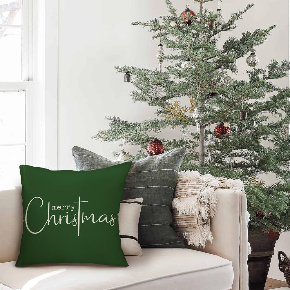 Fundas de almohada navideñas con texto en inglés Merry Christmas, decorativas, de tela de algodón, color verde, de lino, funda de almohada para