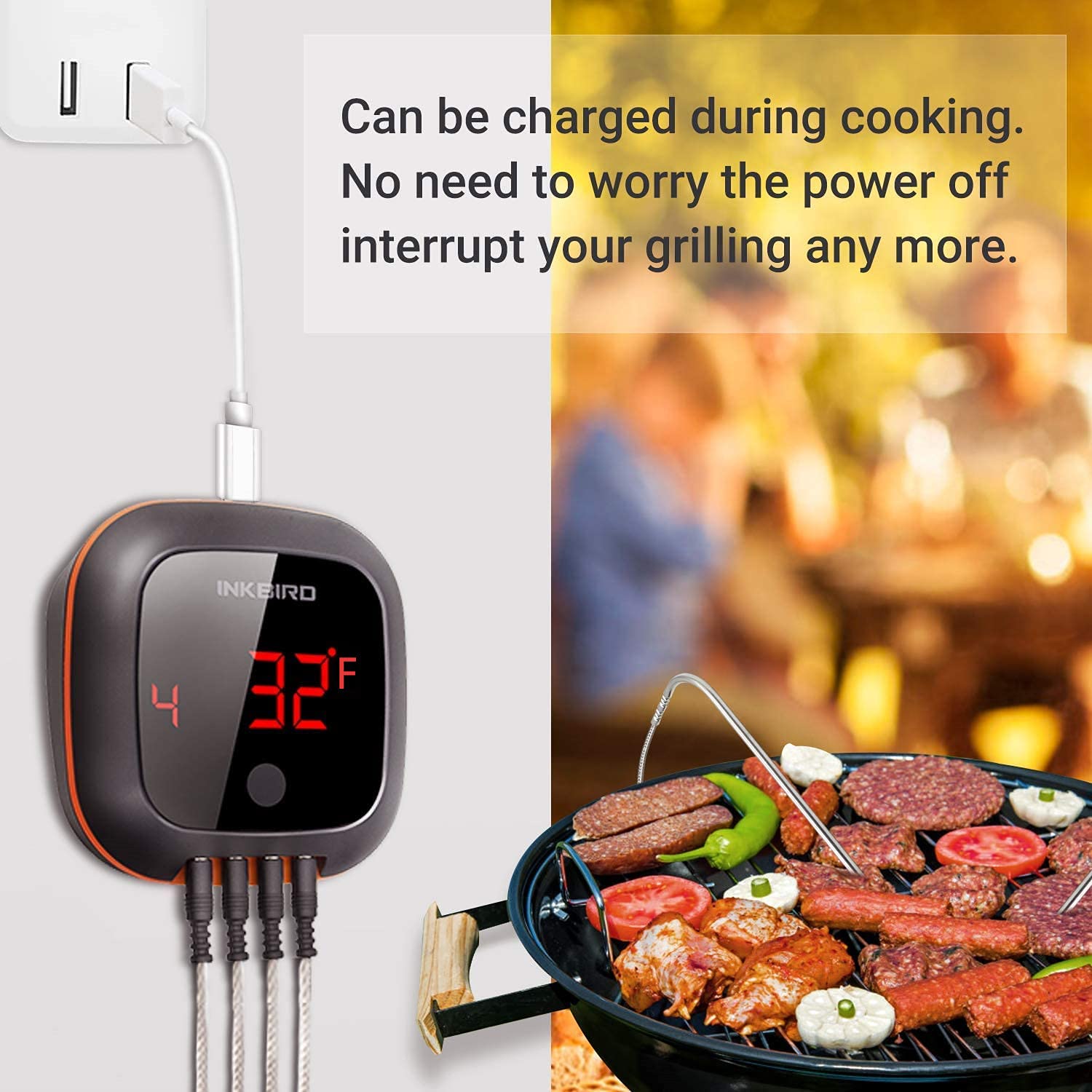 Inkbird Termómetro para parrilla, termómetro para ahumar Bluetooth, termómetro digital de barbacoa con 150 pies, alarma y temporizador, termómetro
