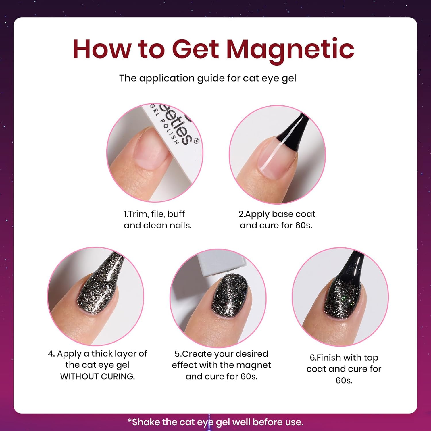 Beetles – Juego de 6 esmaltes de uñas de gel con purpurina holográfica de ojo de gato, rojo, morado, azul, con imán, para primavera, semipermanente,