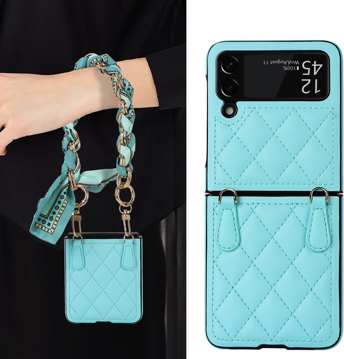 Asuwish Funda de teléfono para Samsung Galaxy Z Flip 4 5G 2022 con correa para la muñeca con cordón, delgada, de piel sintética, a prueba de golpes,