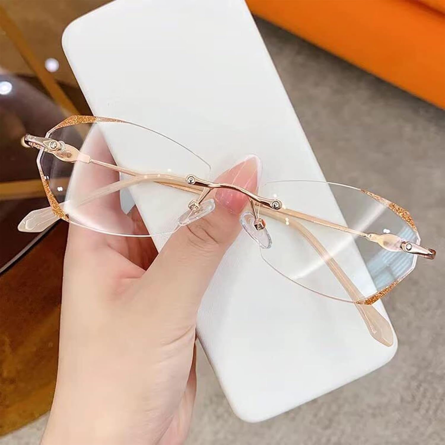 FACECOI Gafas de presbicia de luz anti-azul sin montura de diamante para mujer, gafas de lectura sin montura de luz azul de moda