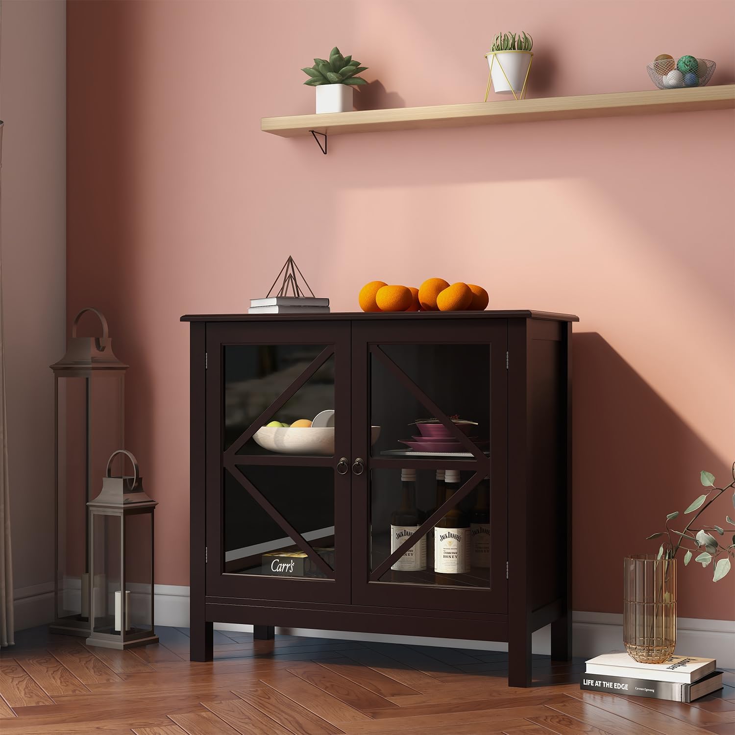 Mesa de bufé de cocina elegante para el hogar, aparador, mesa de consola con 2 puertas de vidrio y estante de almacenamiento, armario de entrada