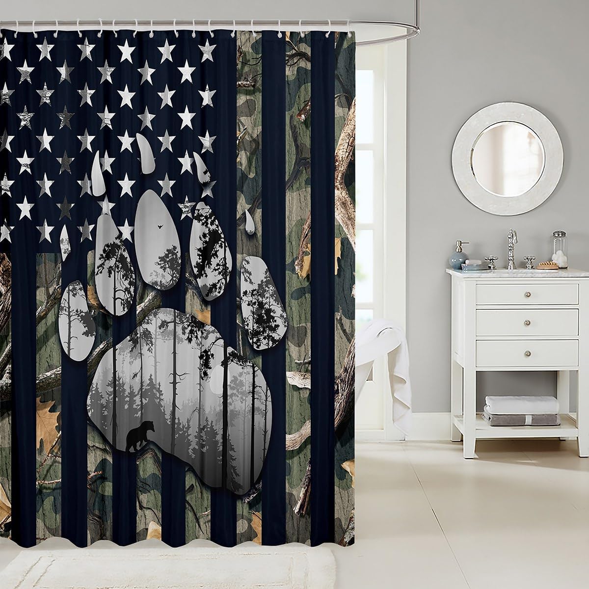 Cortina de ducha con bandera americana, estampado de patas de oso y animales salvajes, cortina de baño para niños y niños, cortina de baño