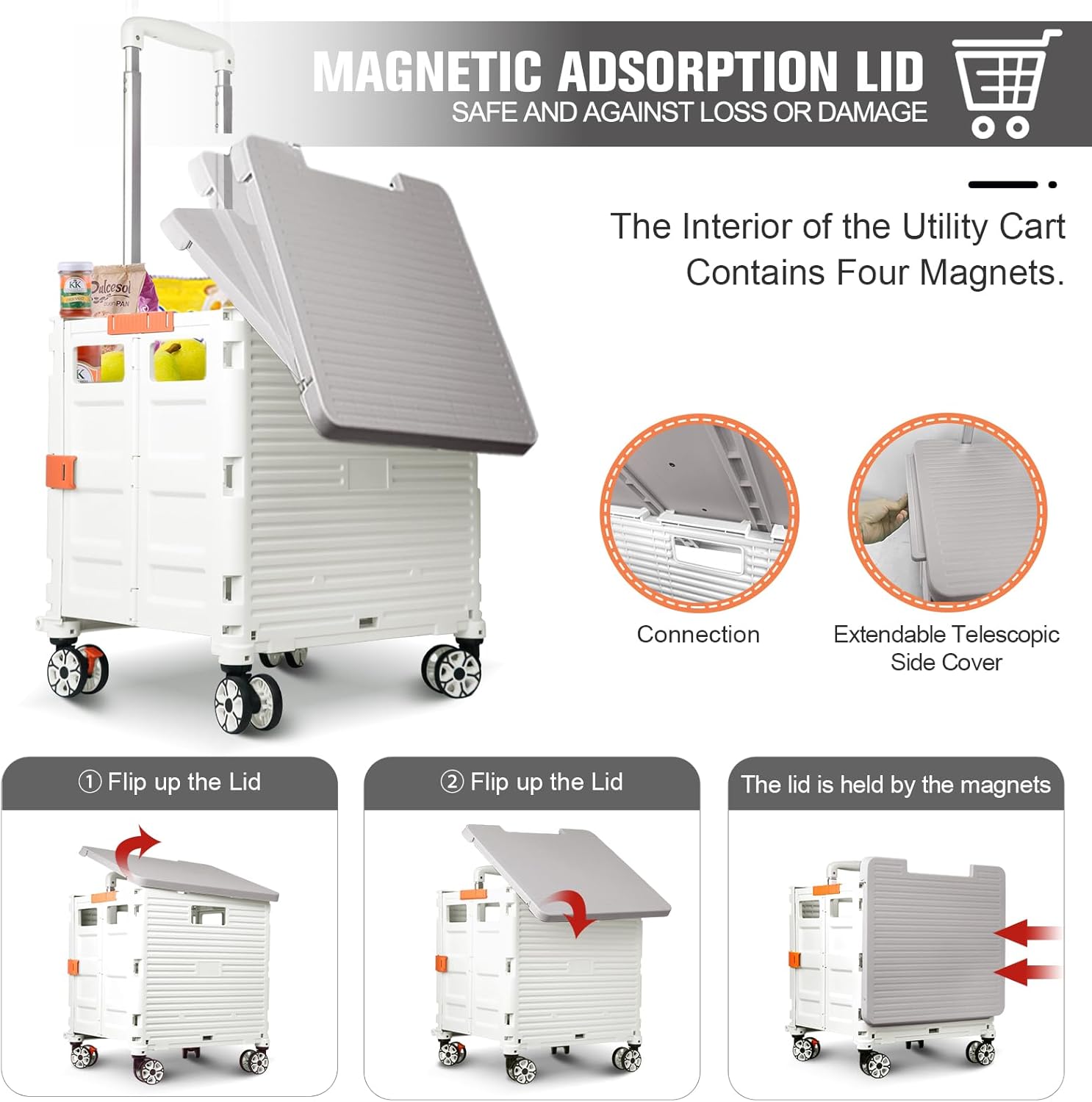 FELICON SELORSS – Carrito plegable portátil con tapa deslizante magnética, mango telescópico, caja de plástico, ruedas giratorias de 360 para