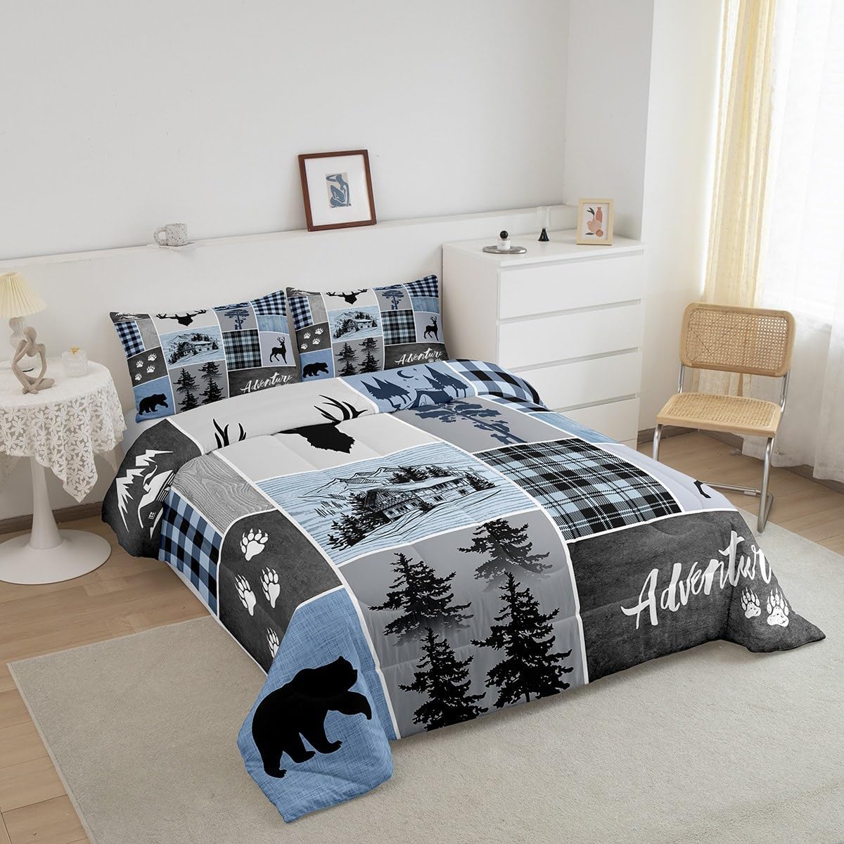Manfei Juego de edredón de cornamenta de ciervo, tamaño Queen, juego de ropa de cama rústica de Navidad con patas de oso para decoración de