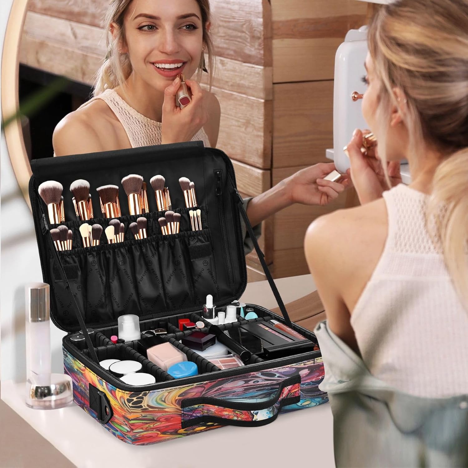 Bolsa de maquillaje de arte colorido para mujer, bolsa de maquillaje de viaje para cosméticos, bolsa de aseo con compartimentos grandes, bolsas de