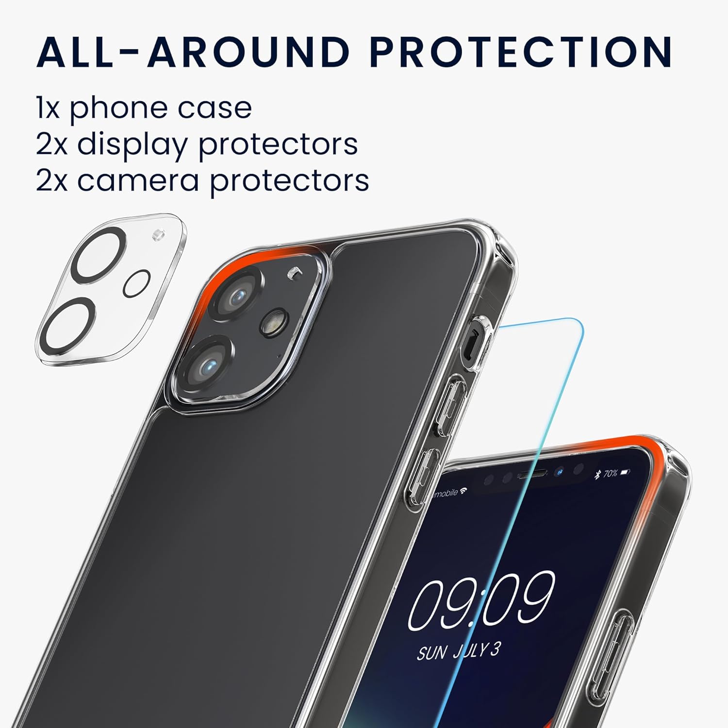 kwmobile Juego de fundas transparentes 5 en 1 compatibles con Apple iPhone 12, incluye protectores de pantalla y cámara, transparente