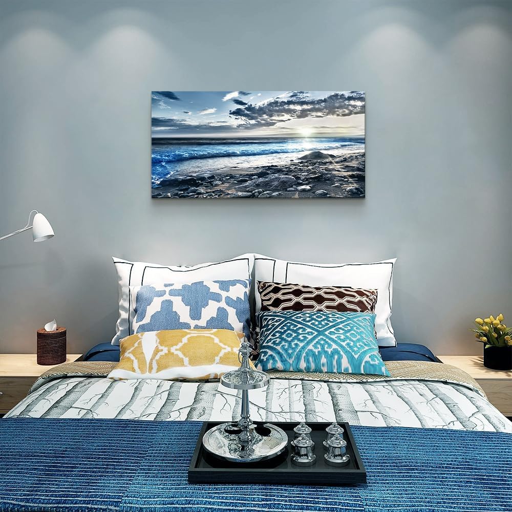 Arte de pared para sala de estar, decoración de pared para dormitorio, póster de gran tamaño, azul, playa, sol, océano, paisaje, impresiones, obras
