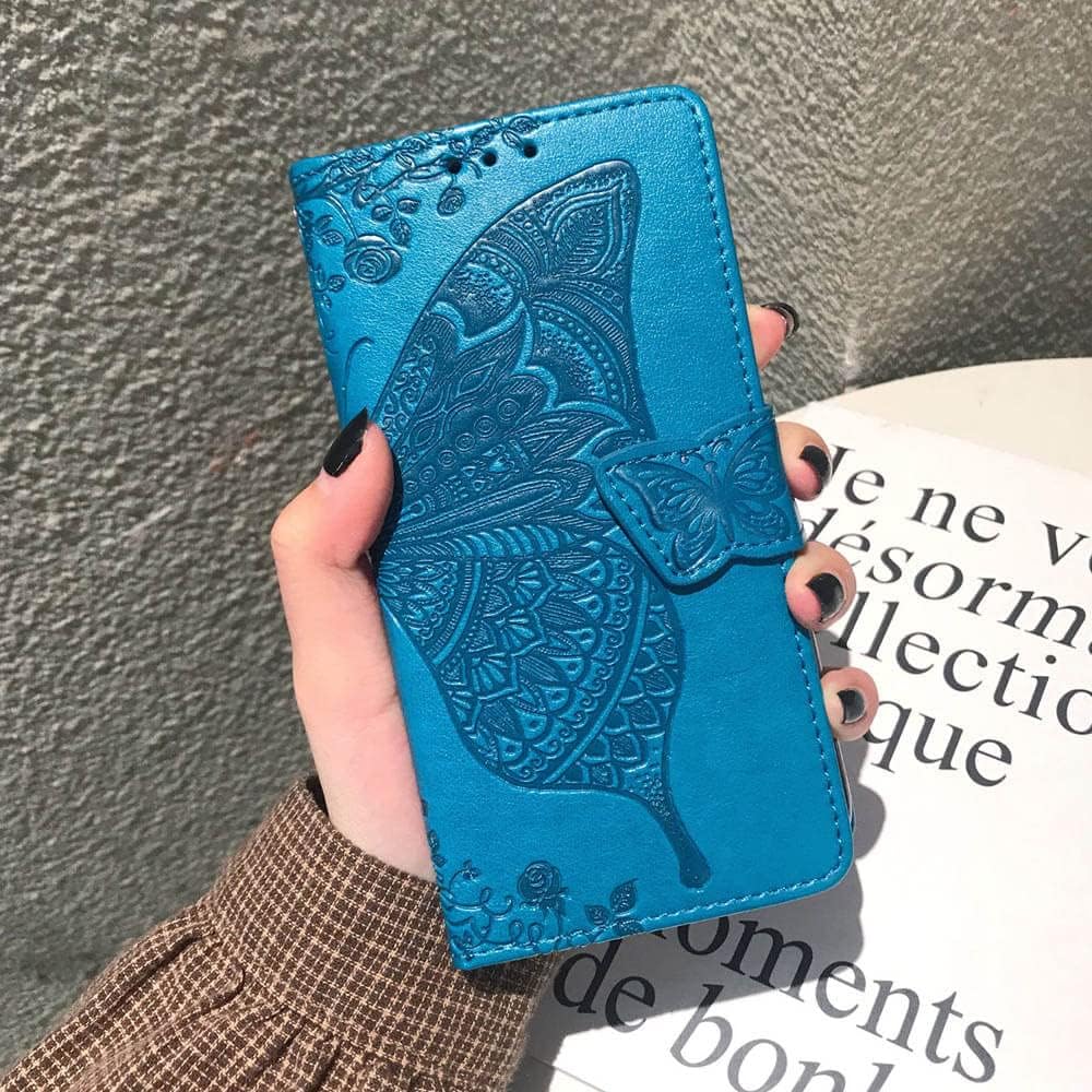 Funda tipo cartera para iPhone SE 2020SE 2022iPhone 8iPhone 7, diseño de mariposa en relieve, de piel sintética, soporte para tarjetas, correa de
