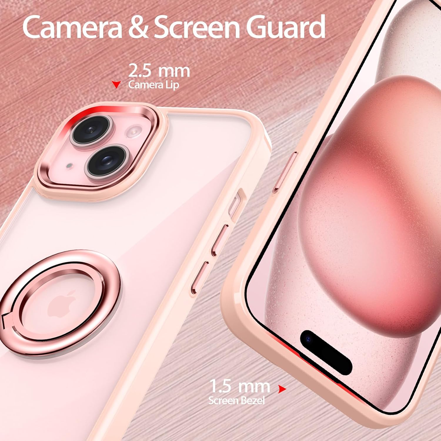Lontect Funda para iPhone 15 con soporte de anillo, a prueba de golpes, ajuste delgado, resistente a los arañazos, transparente, carcasa protectora