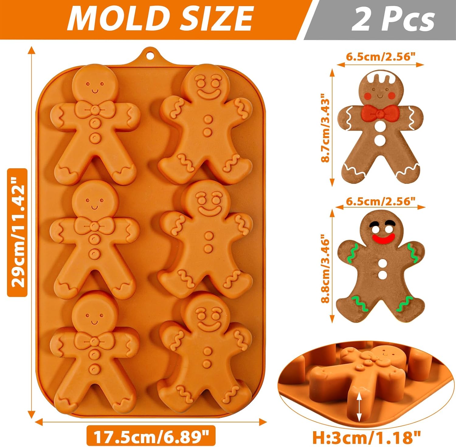 Webake Molde de silicona para hombre de jengibre, 6 cavidades con forma de hombre de jengibre para pasteles, jabón, gelatina, galletas (paquete de 2)