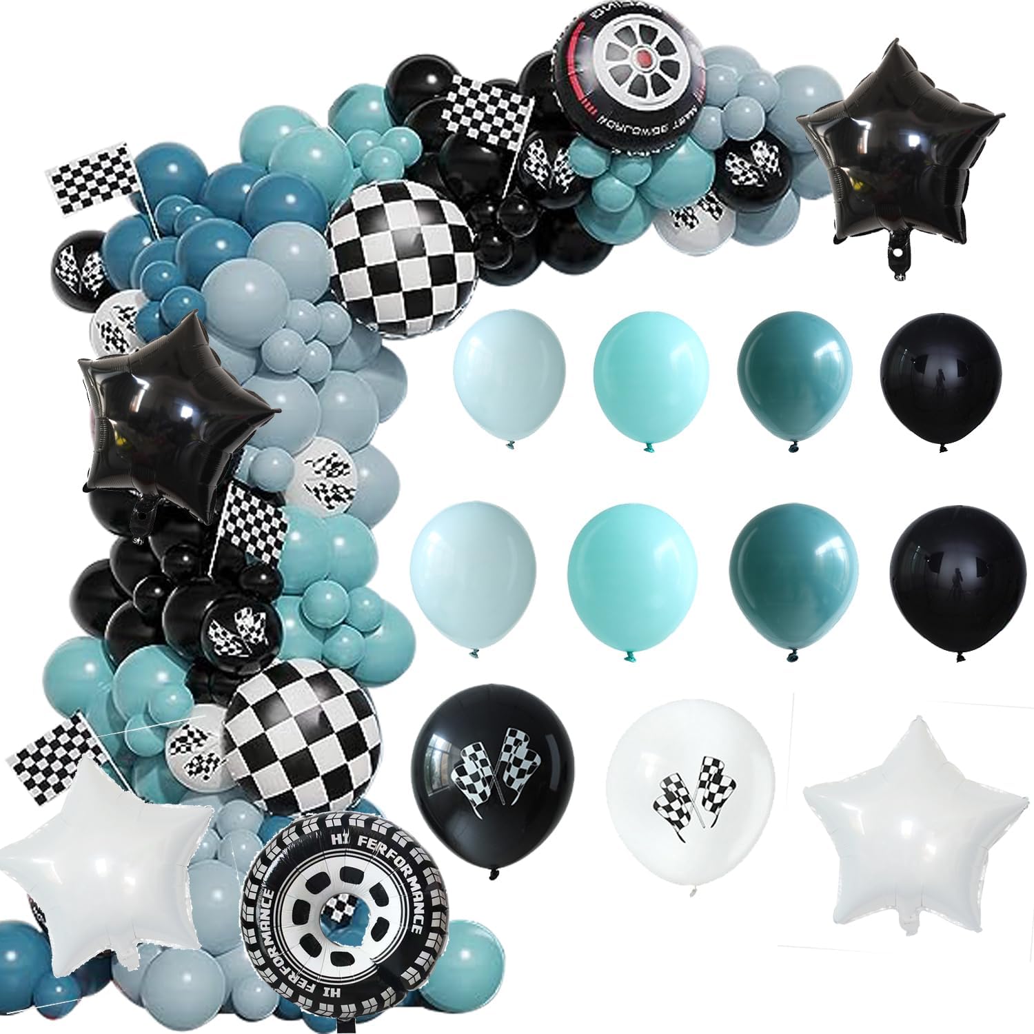 Kit de guirnalda de arco de globos de coche de carreras, globos de látex azul polvoriento y negro, globos de aluminio a cuadros, suministros de