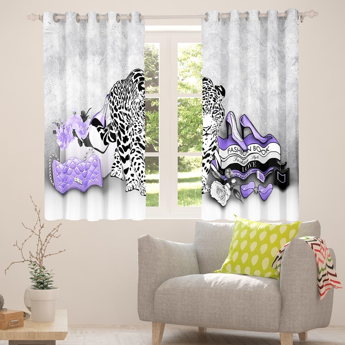 Cortina de ventana con estampado de leopardo y guepardo, para niños y niñas, cortinas de tacón de rosas moradas, cortinas de moda para mujeres,