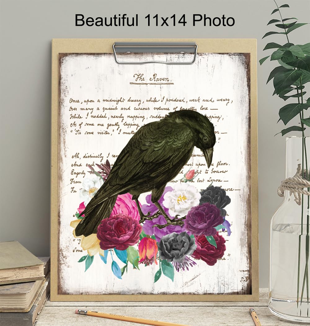 Edgar Allan Poe Gothic Wall Art 11×14 – The Raven Goth Room Decor for Women – Shabby chic Bedroom, Living Room Decor – Wicca, Witch, Occult, Crow,