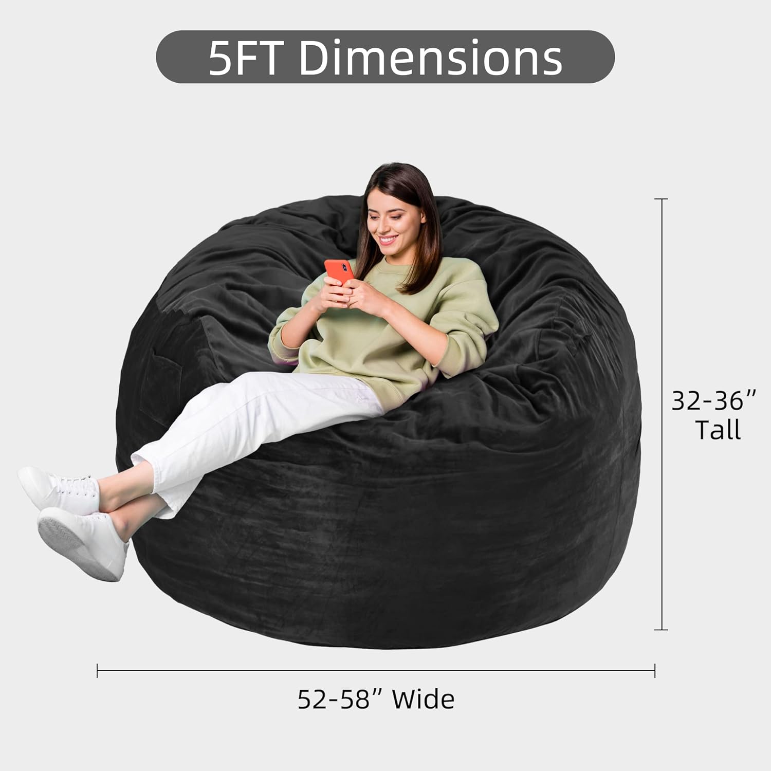 Puf gigante de 5 pies, relleno de espuma viscoelástica con funda de terciopelo, funda extraíble y lavable a máquina, puf para adultos, color negro