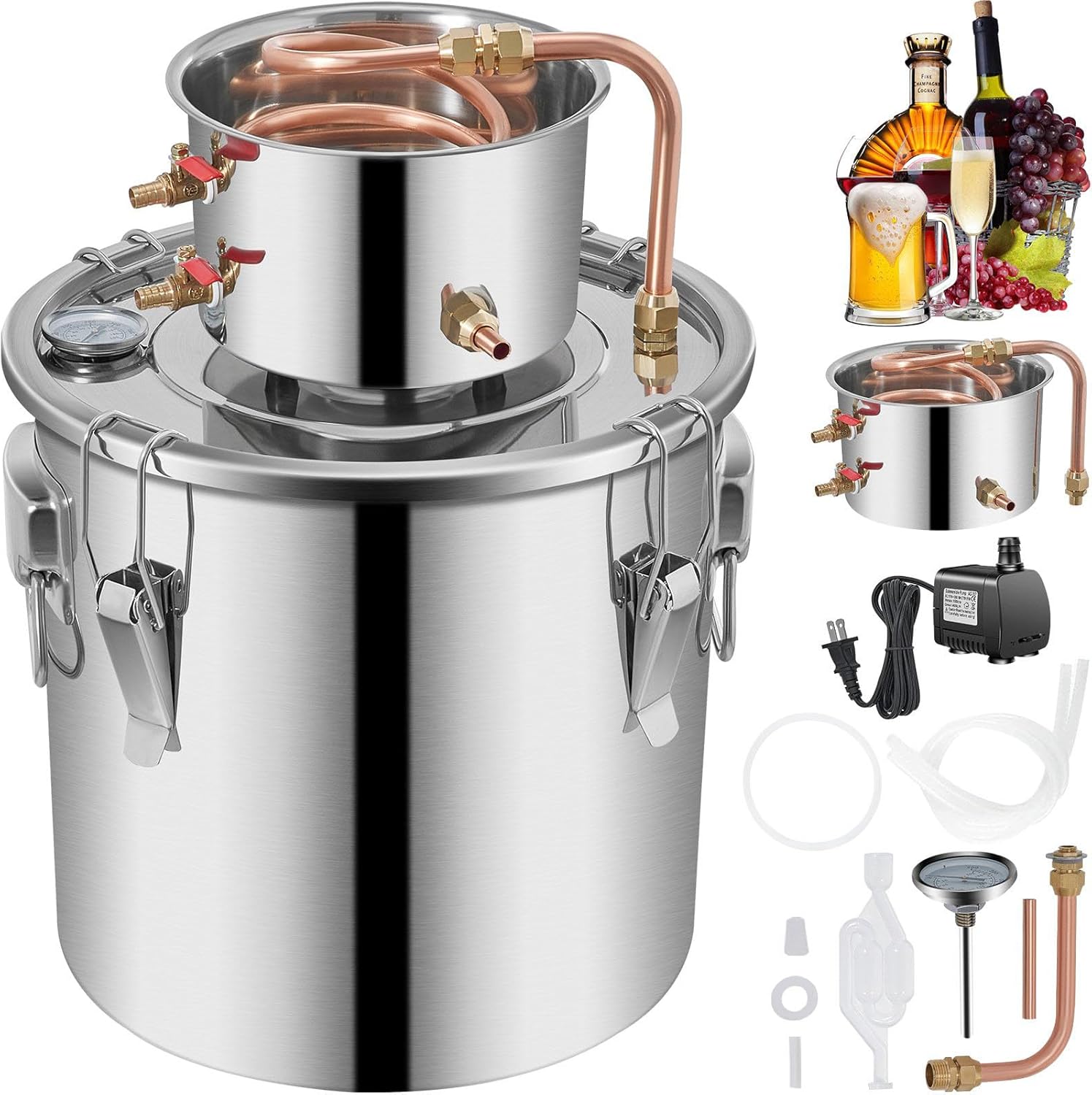 Moonshine Still de 9.6 galones con bomba de circulación, tubo de cobre, termómetro – Kit de destilación de alcohol DIY