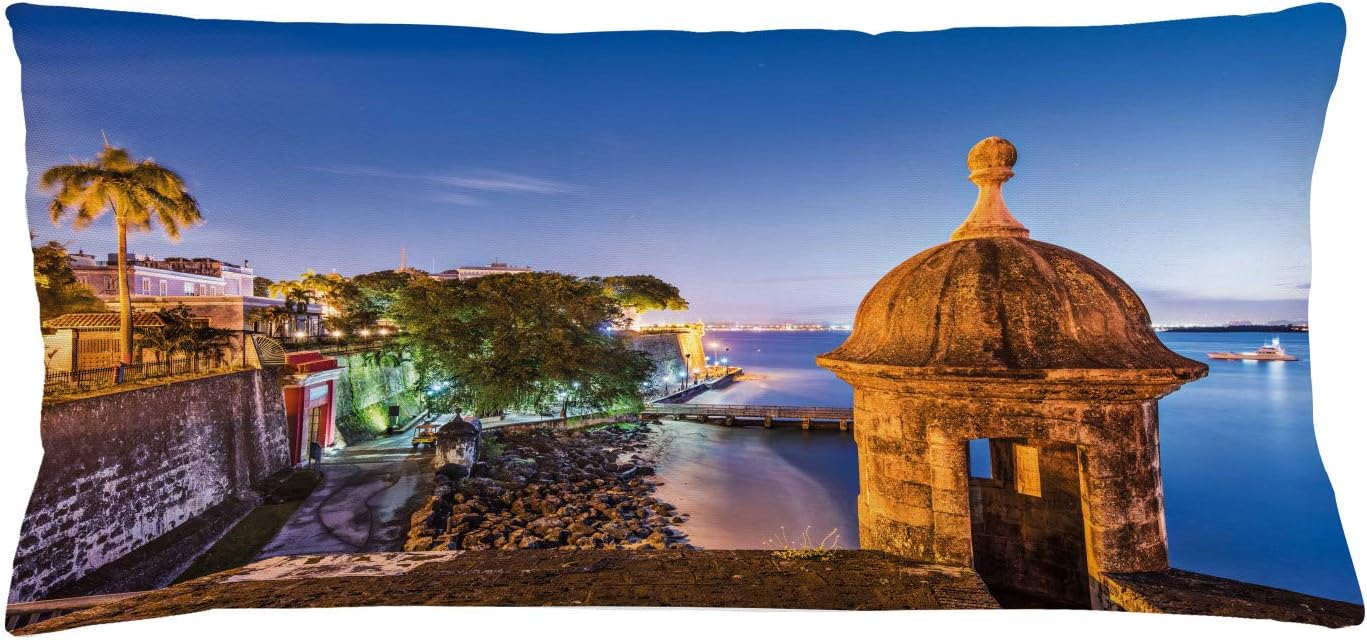 Lunarable Puerto Rico Throw Pillow Cushion Cover, Coast at Paseo de la Princesa Retro Style Architectural Elements Photography, Decorative Rectangle