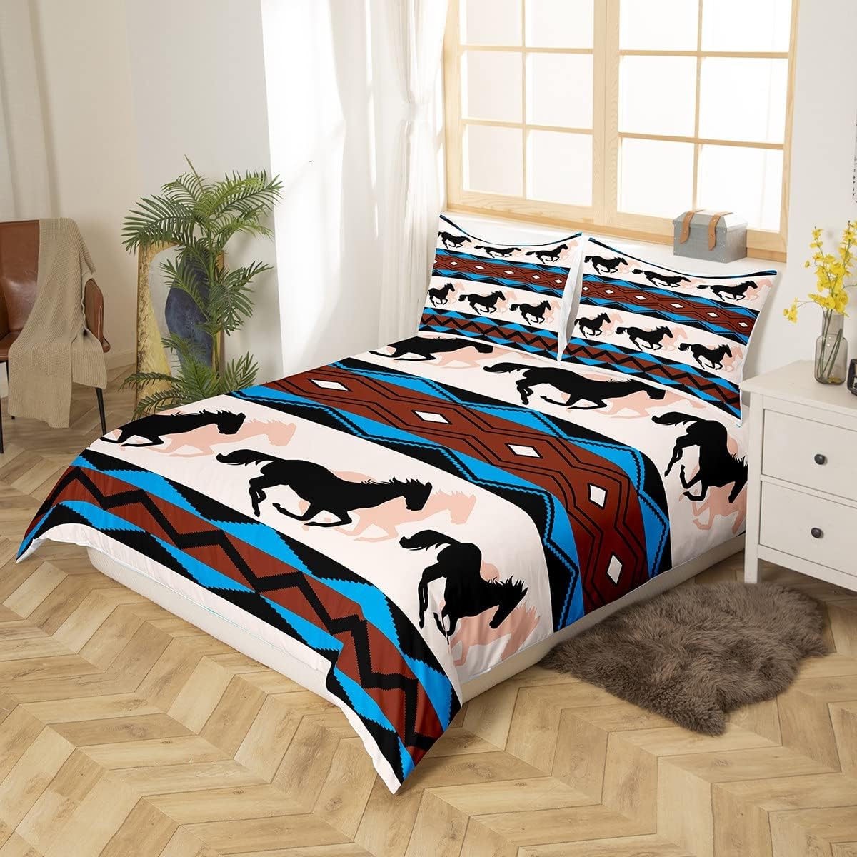 Juego de ropa de cama rústica del oeste, funda de edredón de caballo, vaquera, vaquera, azteca, nativo americano, para niños y niñas, decoración de