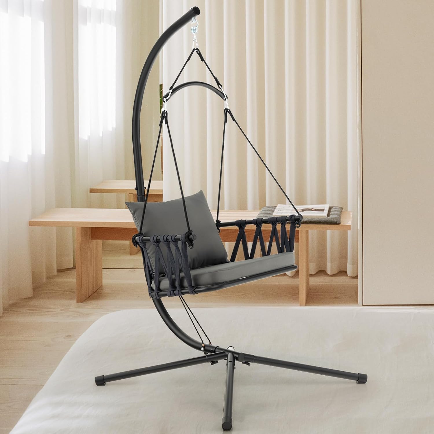 Giantex Silla colgante con soporte, cojines de asiento y respaldo acogedores, marco de metal inoxidable y respaldo tejido, hamaca para interiores y
