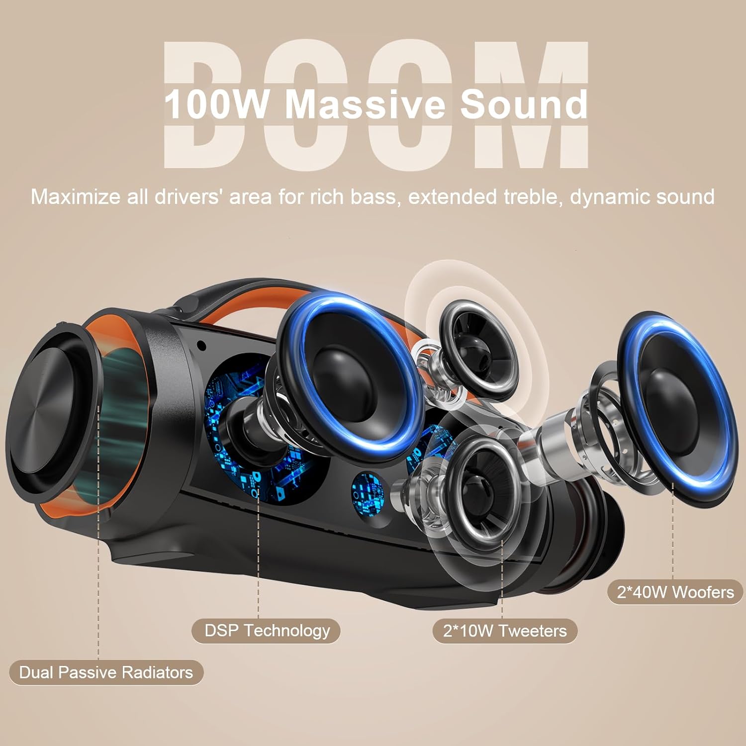 DOSS Extreme Boom+ IPX6 – Altavoz impermeable para exteriores con sonido masivo de 100 W, graves extra, tiempo de reproducción de 20 horas, banco de