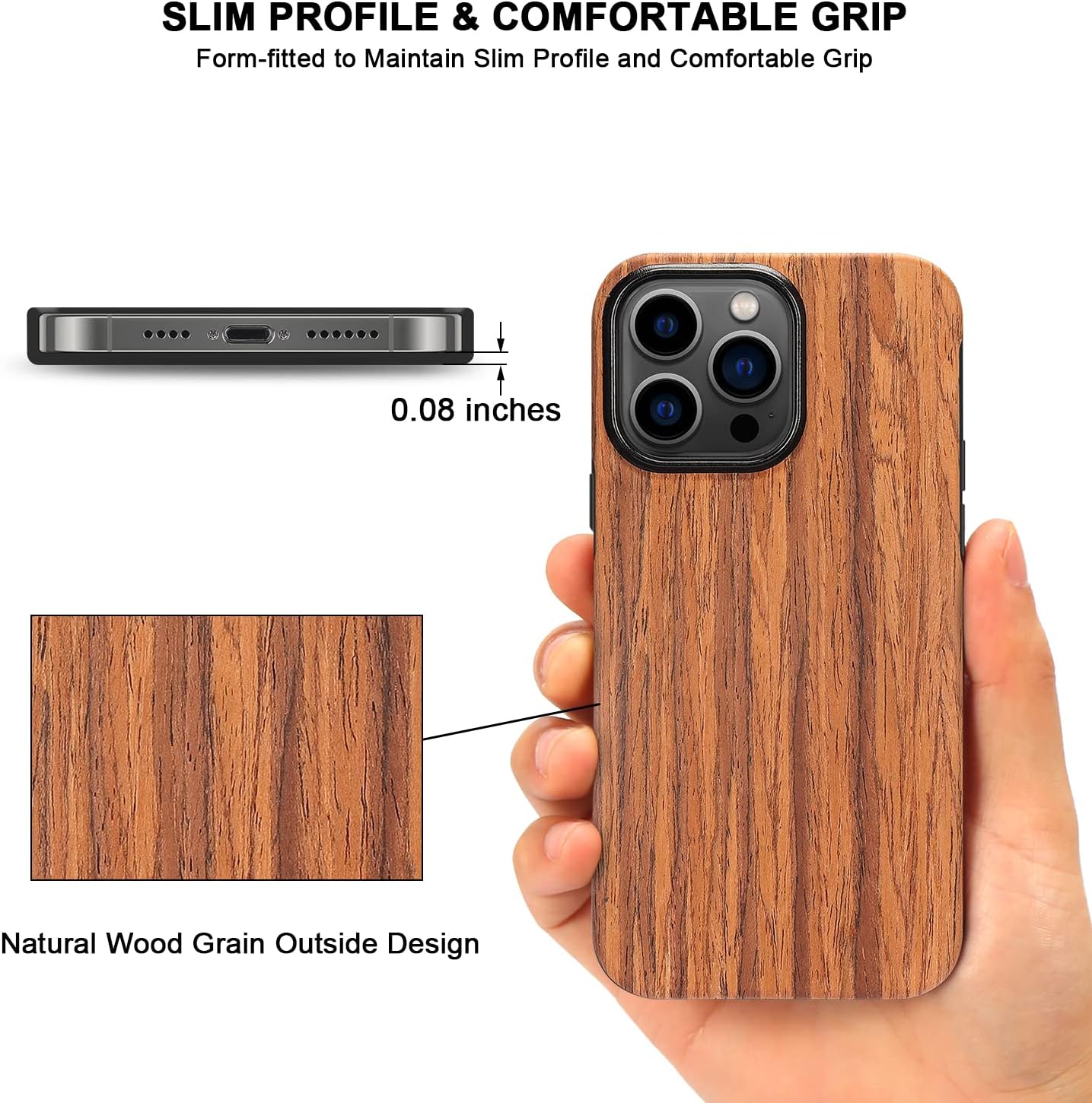 TENDLIN Compatible con iPhone 14 Pro, diseño exterior de grano de madera, funda híbrida de TPU (sándalo rojo)