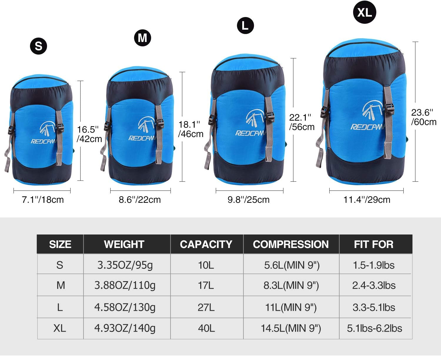 REDCAMP – Saco de compresión de nailon, 10L17L27L40L, bolsa de dormir ligera, ideal para mochileros, senderismo y campamento, azulamarilloverde