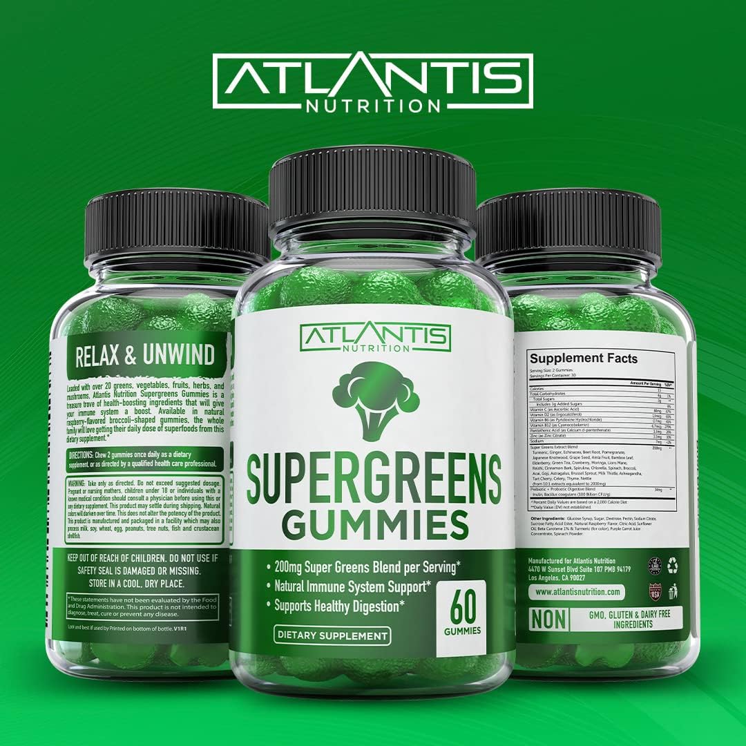 Atlantis Nutrition Supergreens 60 gomitas + refuerzo de testosterona paquete de 2 (120 gomitas)