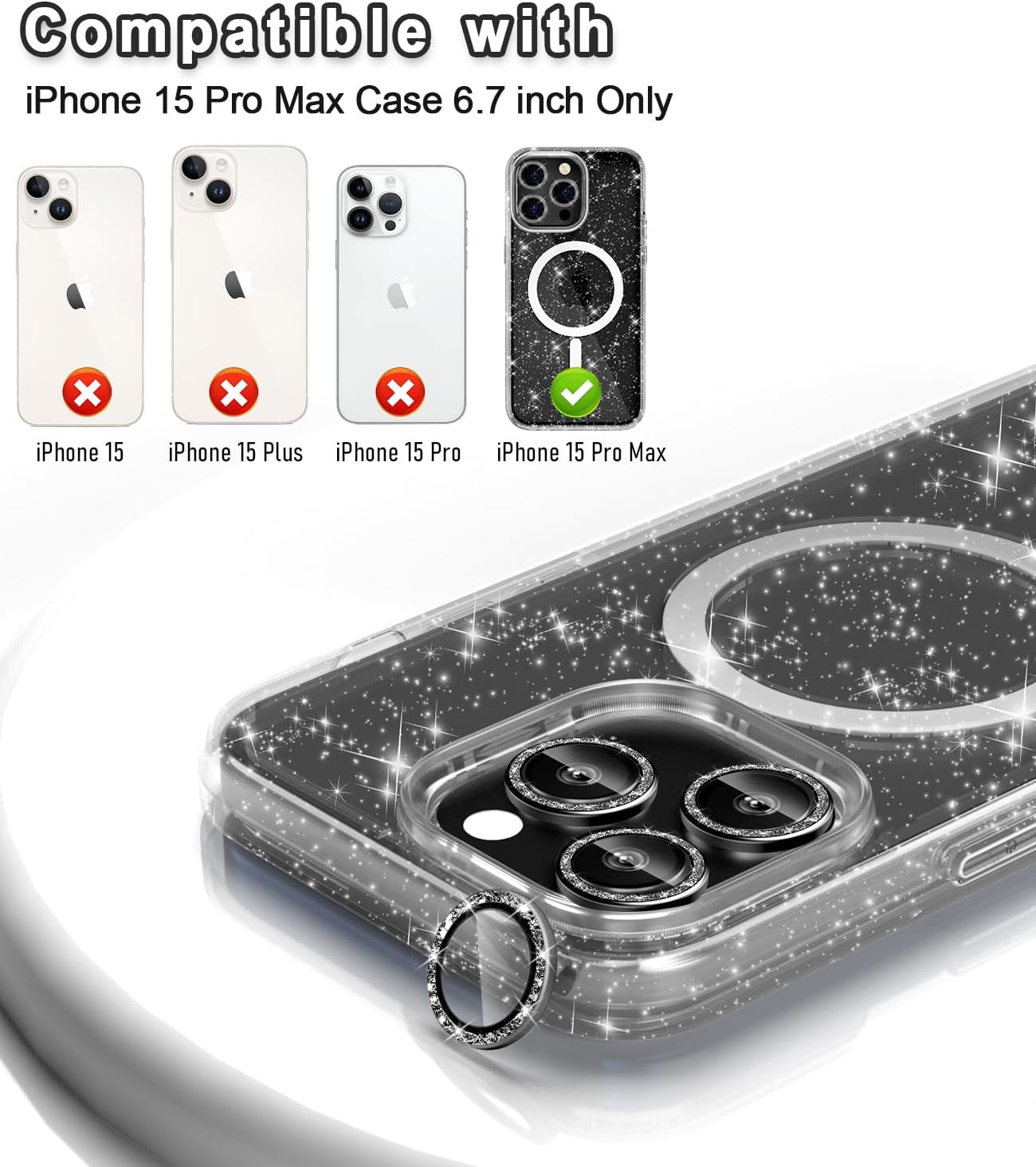Funda magnética brillante para iPhone 15 Pro Max compatible con MagSafe, 2 protectores de pantalla y 2 protectores de lente de cámara de diamante,