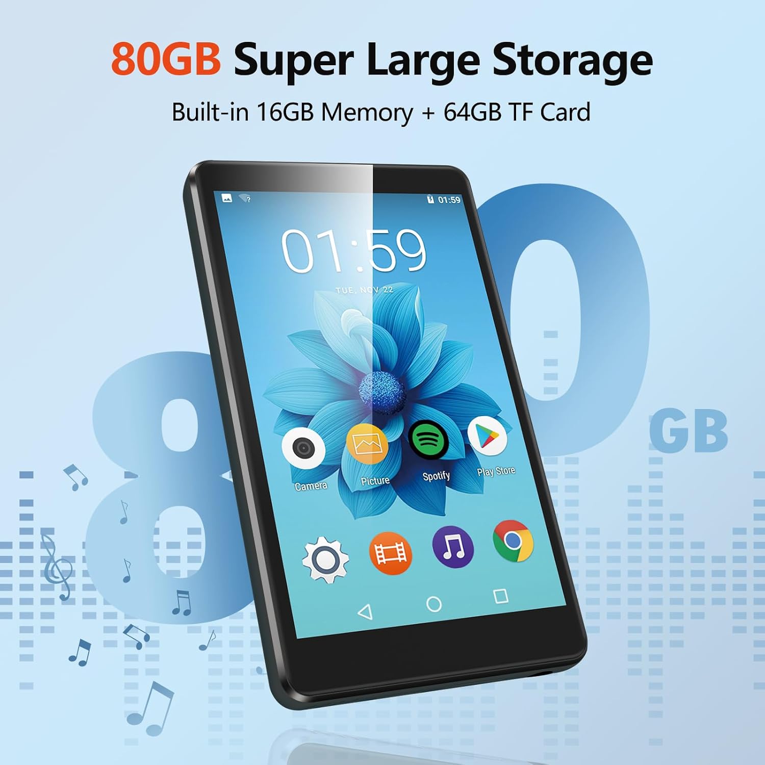 AGPTEK Reproductor MP3 WiFi de 80 GB con Bluetooth y cámara de 5 MP, pantalla táctil de 4 pulgadas, reproductor de música sin pérdidas, aplicaciones