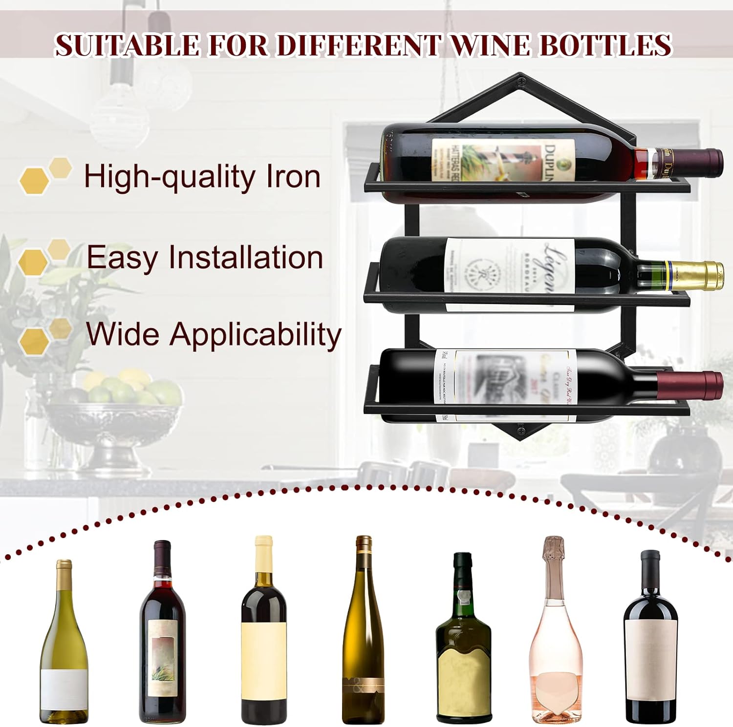 YALINKA 2 piezas de estante de copas de vino montado en la pared, soporte de metal para colgar copas de vino con capacidad para 3 botellas,