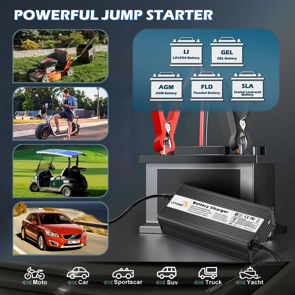 LVYUAN Cargador de batería LiFePO4 de 14.6V 20A, cargador de batería inteligente automático y mantenimiento de desulfatador con chip inteligente