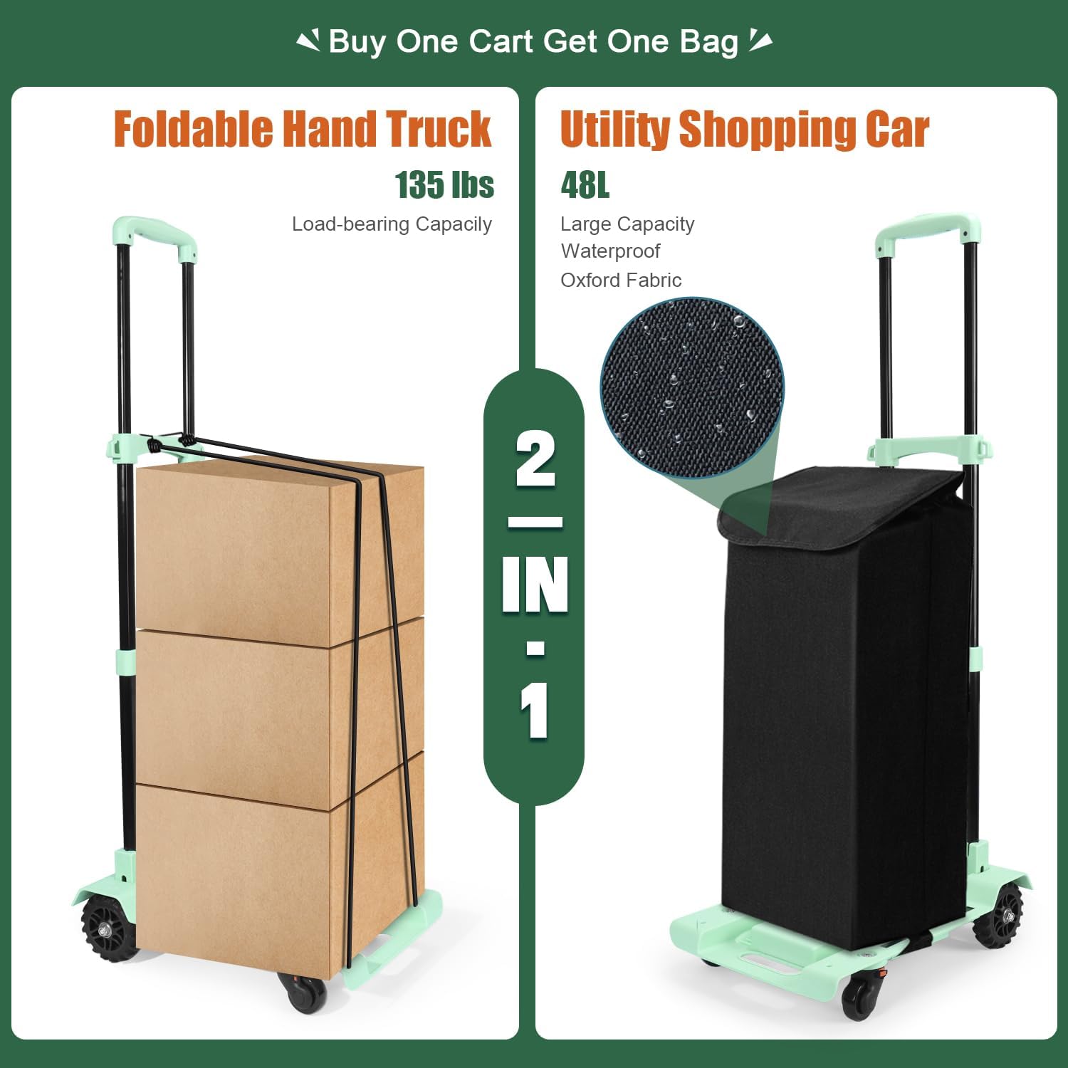 SELORSS Carro de mano plegable 2 en 1, carrito de compras portátil con ruedas y bolsa impermeable extraíble, plegable, ligero, de gran capacidad