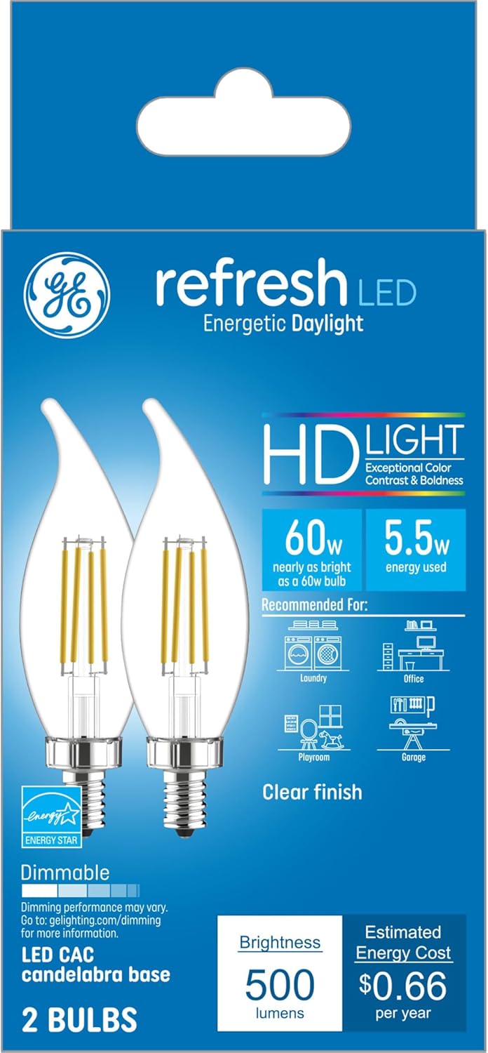 GE Refresh – Bombillas LED HD, 60 vatios, luz diurna, bombillas decorativas, transparente, base pequeña (paquete de 2)
