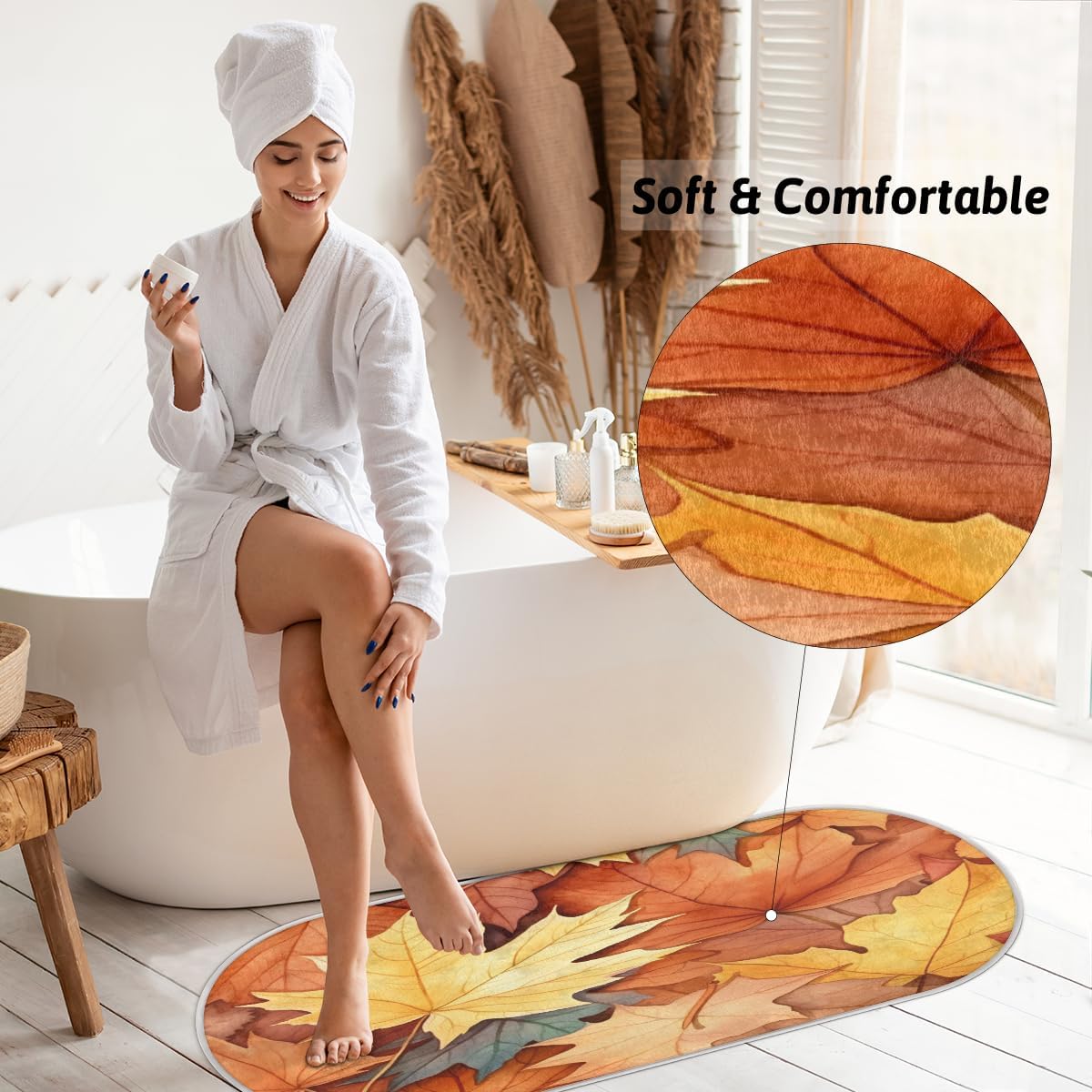 cfpolar Maple Leaves Bathroom Rugs Non-Slip Bath Rug Microfiber Bath Mat Absorbent Kitchen Mats and Rugs Machine Washable Oval Plush Floor Mat for