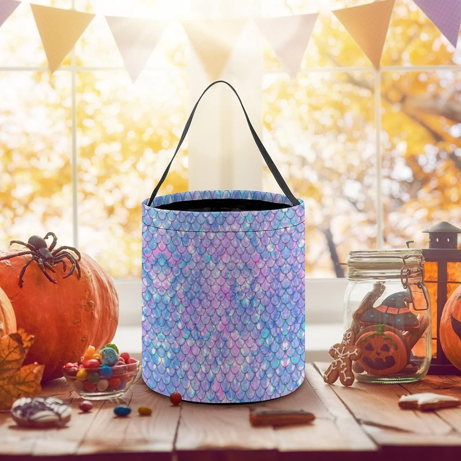 Cubo de cubo de Halloween con diseño de sirena arcoíris, bolsa de dulces para niños, decoraciones de Halloween