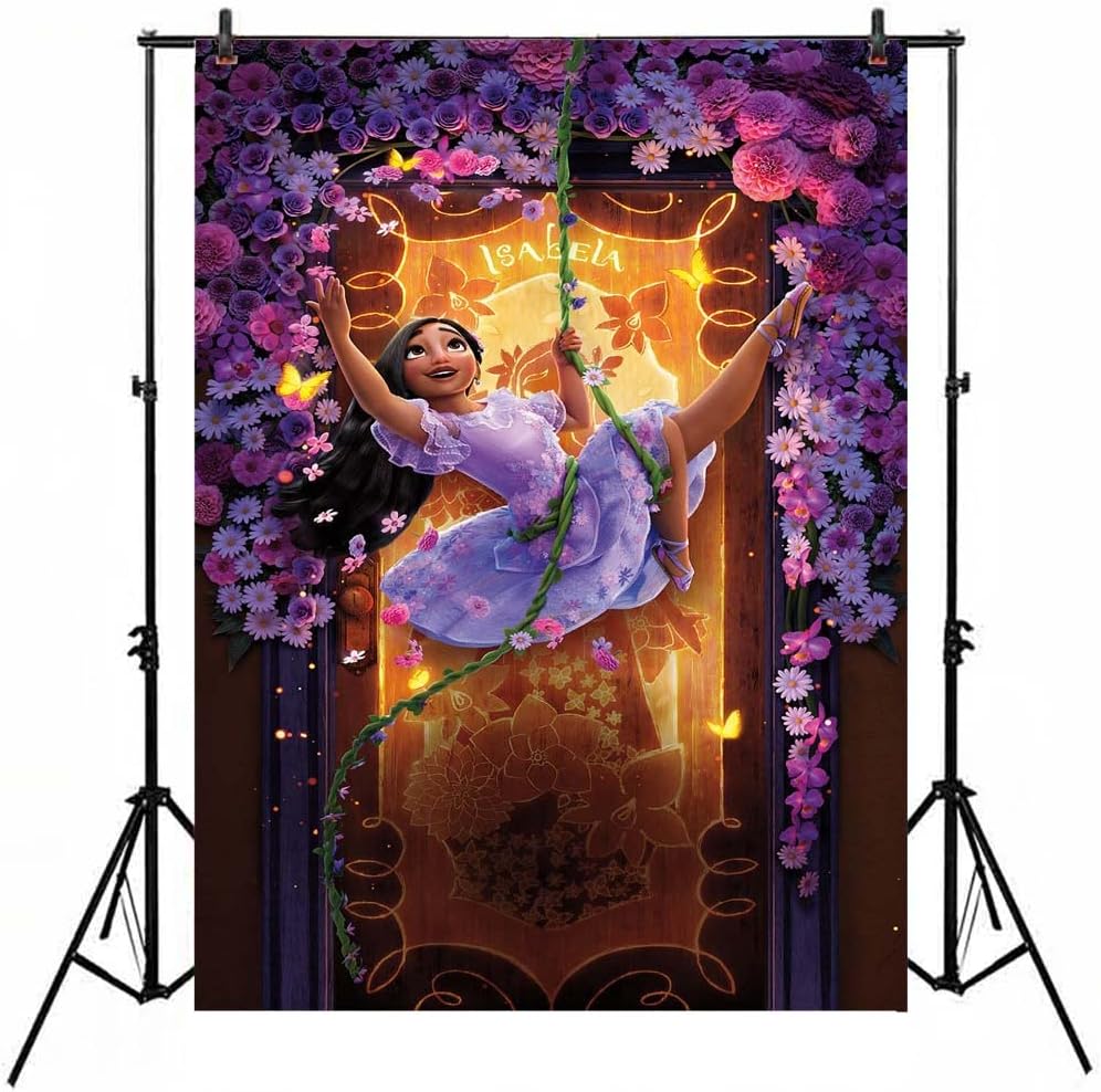 Telón de fondo de princesa Encanto Isabella de feliz cumpleaños, 3 x 5 pies, diseño de flores moradas, cartel de cumpleaños de Encanto para niñas de