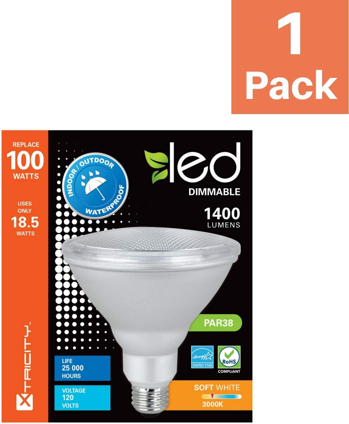 FocoLED de cuello largo atenuables Xtricity PAR38, equivalente a 18W (120W) 120voltios, 3000K blanco suave, resistentes al agua, E26Base de tamaño