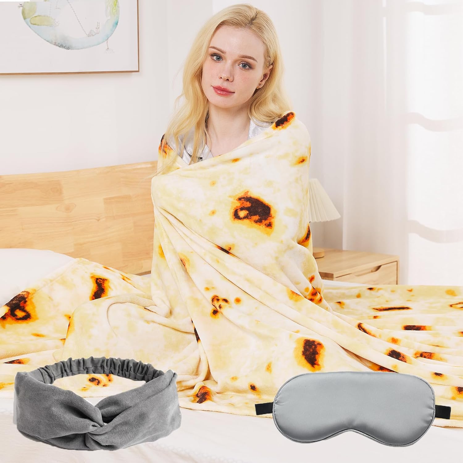SOFTCARE Burritos – Manta de cama de forro polar de tortilla de 66 x 90 pulgadas con máscara de ojos y diadema para todas las estaciones, manta