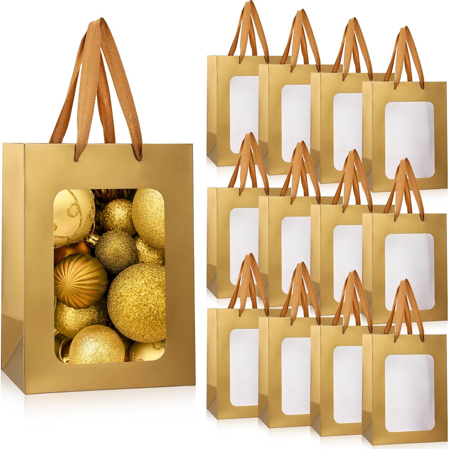 Reginary 50 bolsas de regalo de papel con ventana transparente, bolsa de regalo transparente de 9.8 x 7.1 x 5.1 pulgadas, bolsa de regalo de ramo