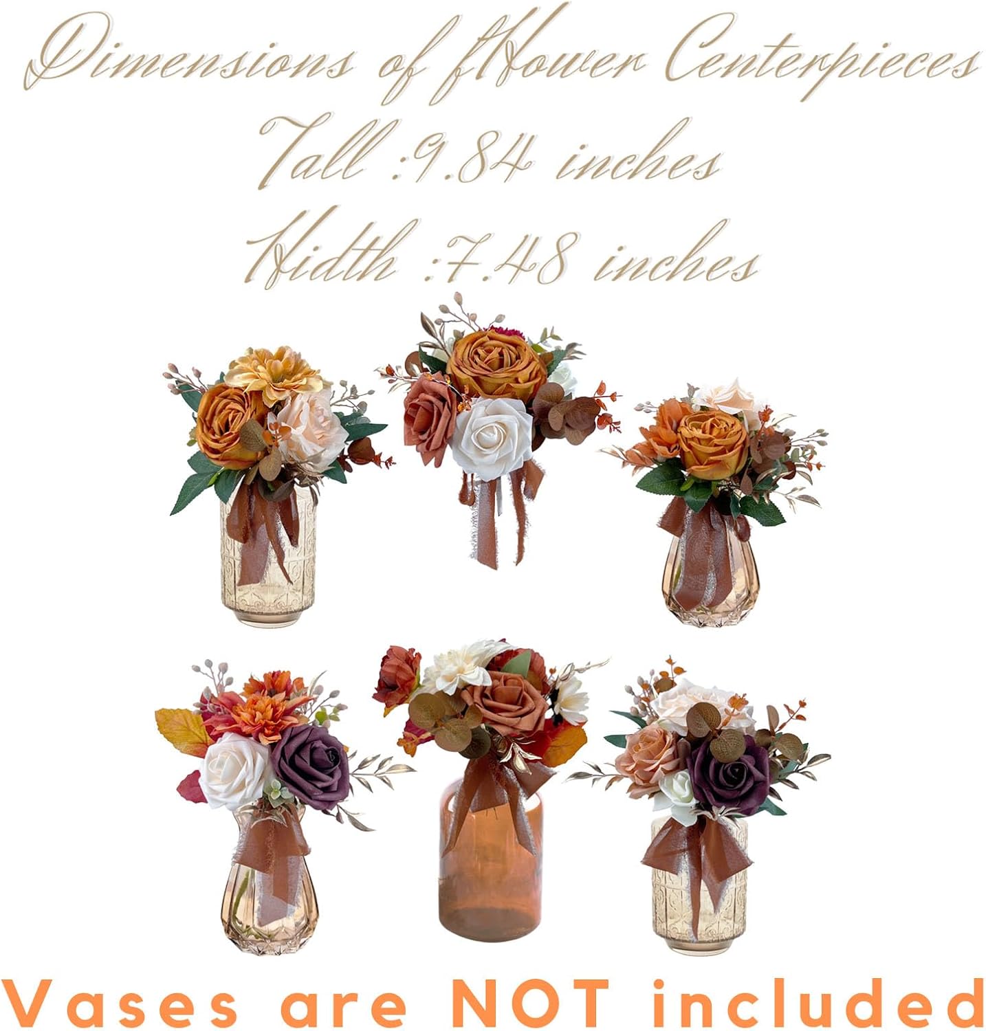 CherishedMoments Juego de 6 centros de mesa de flores surtidas, mini flores florales para decoración de mesa de boda de otoño, ramos de naranja
