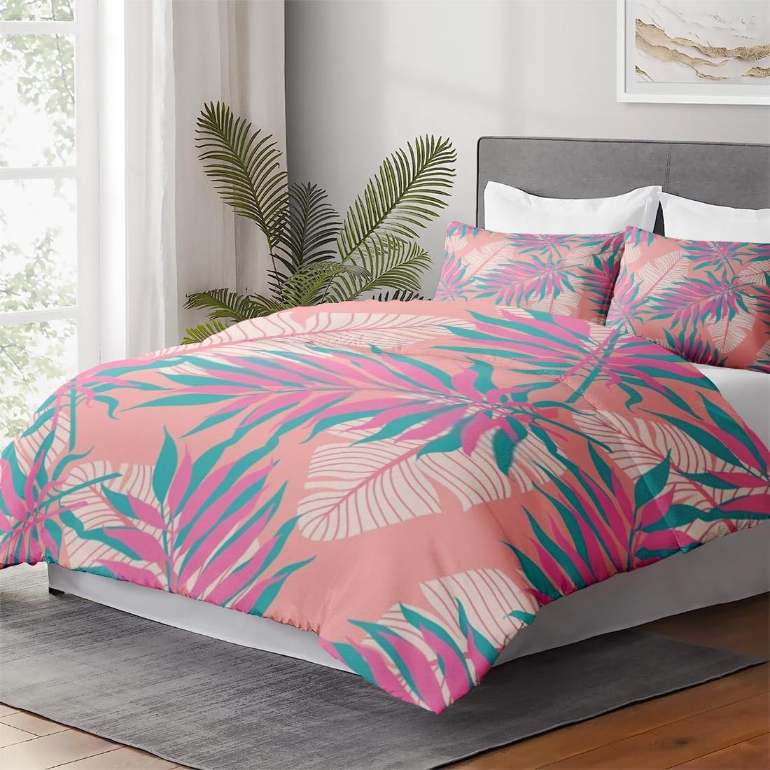 Juego de funda de edredón, juego de ropa de cama floral de verano con palmeras tropicales para niños y adultos, decoración de dormitorio de hojas de