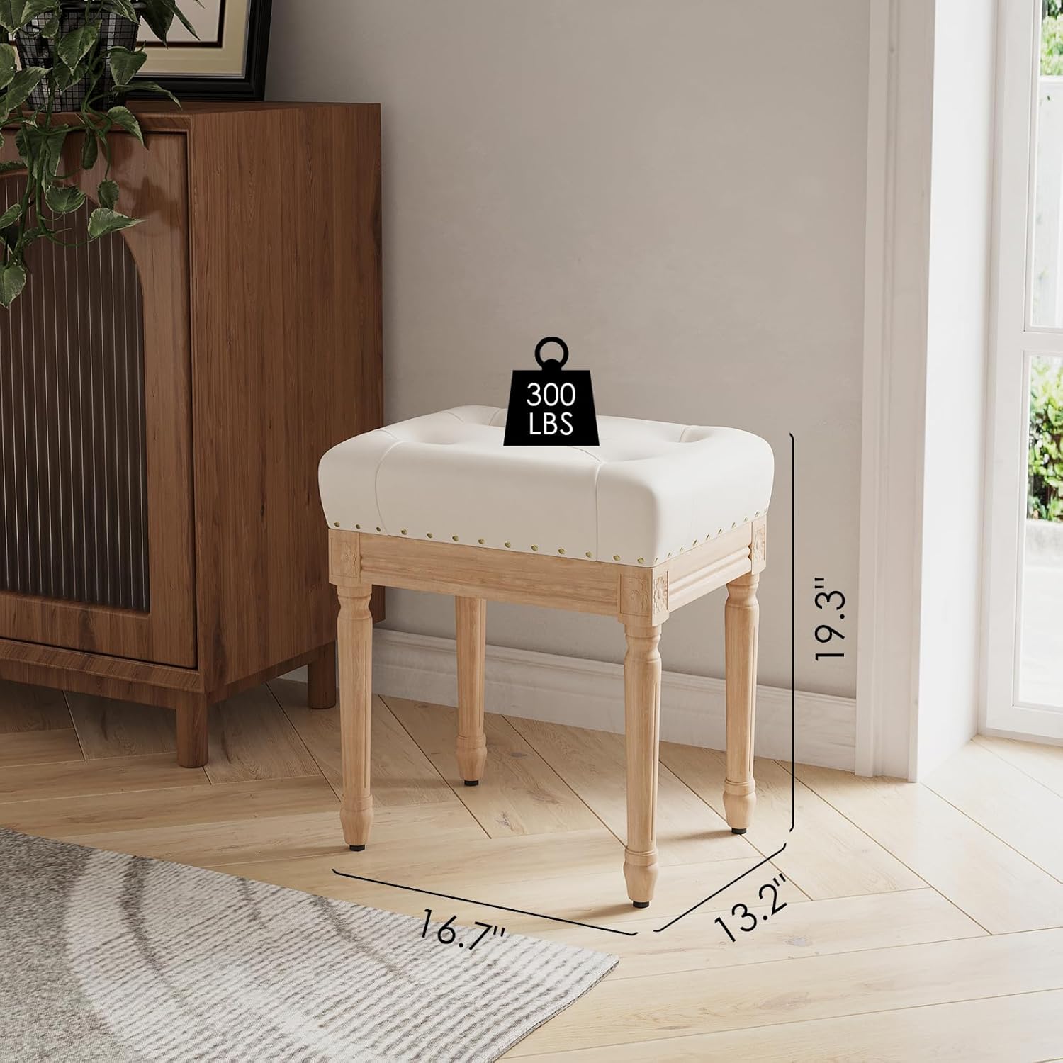 Taburete otomano de 19 pulgadas para dormitorio, silla de tocador copetuda para sala de maquillaje, taburete otomano de piel sintética con marco de