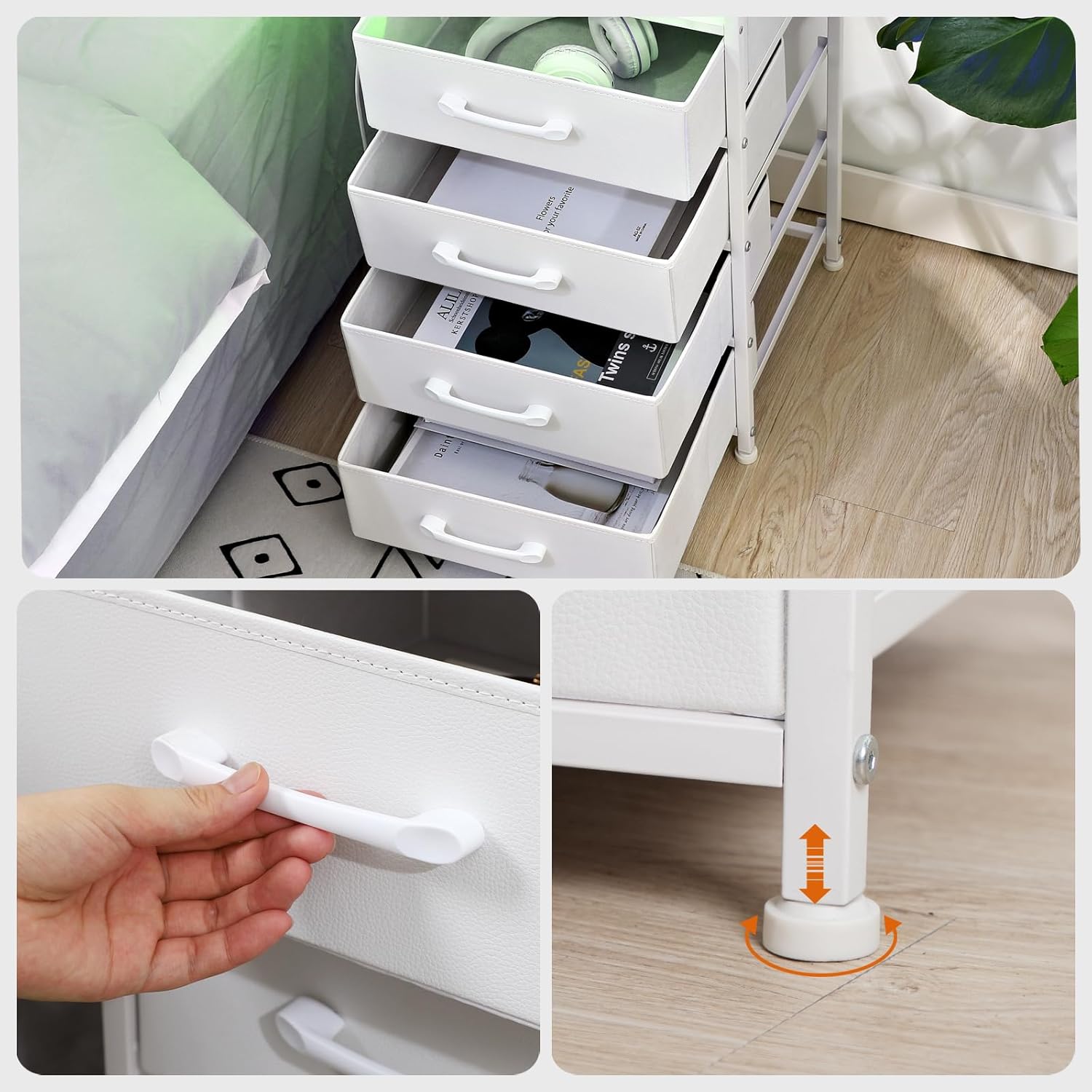 LOAKEKEL Juego de 2 mesitas de noche blancas con estación de carga, mesas auxiliares LED con puertos USB C y 2 tomas, mesita de noche con 4 cajones