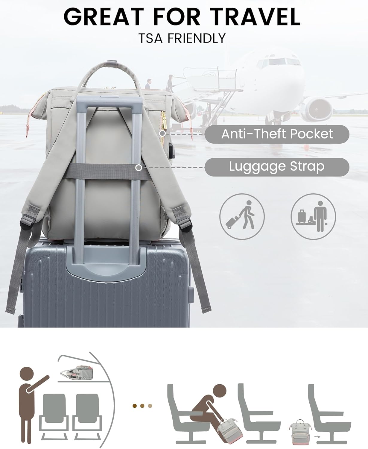 LOVEVOOK Mochila para laptop para mujer, 15.6 pulgadas de ancho abierto, mochila de viaje para mujer, con puerto USB, impermeable, para profesores,