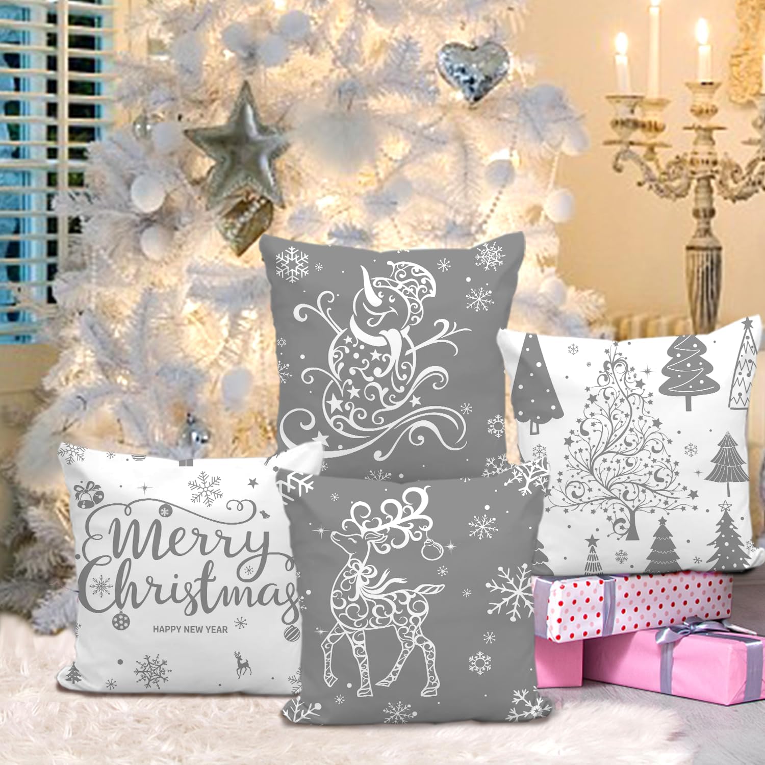 Artmag Juego de 4 fundas de almohada de Navidad grises de 20 x 20 pulgadas, decoración navideña, árboles, ciervos, muñeco de nieve, Feliz Navidad,