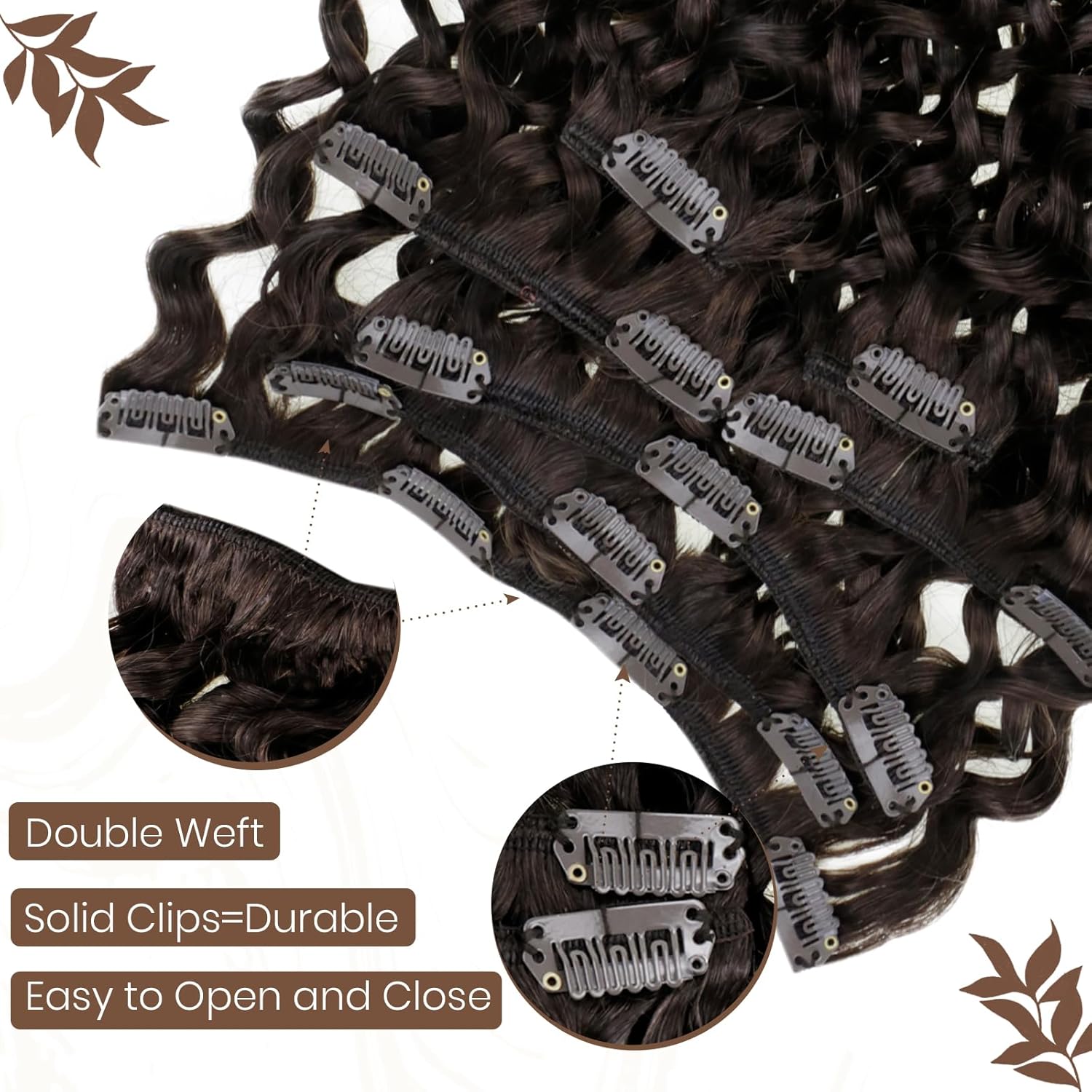 Hetto – Extensiones de cabello humano rizado, color #2 castaño oscuro, cabello humano con clip para cabeza completa, extensiones onduladas