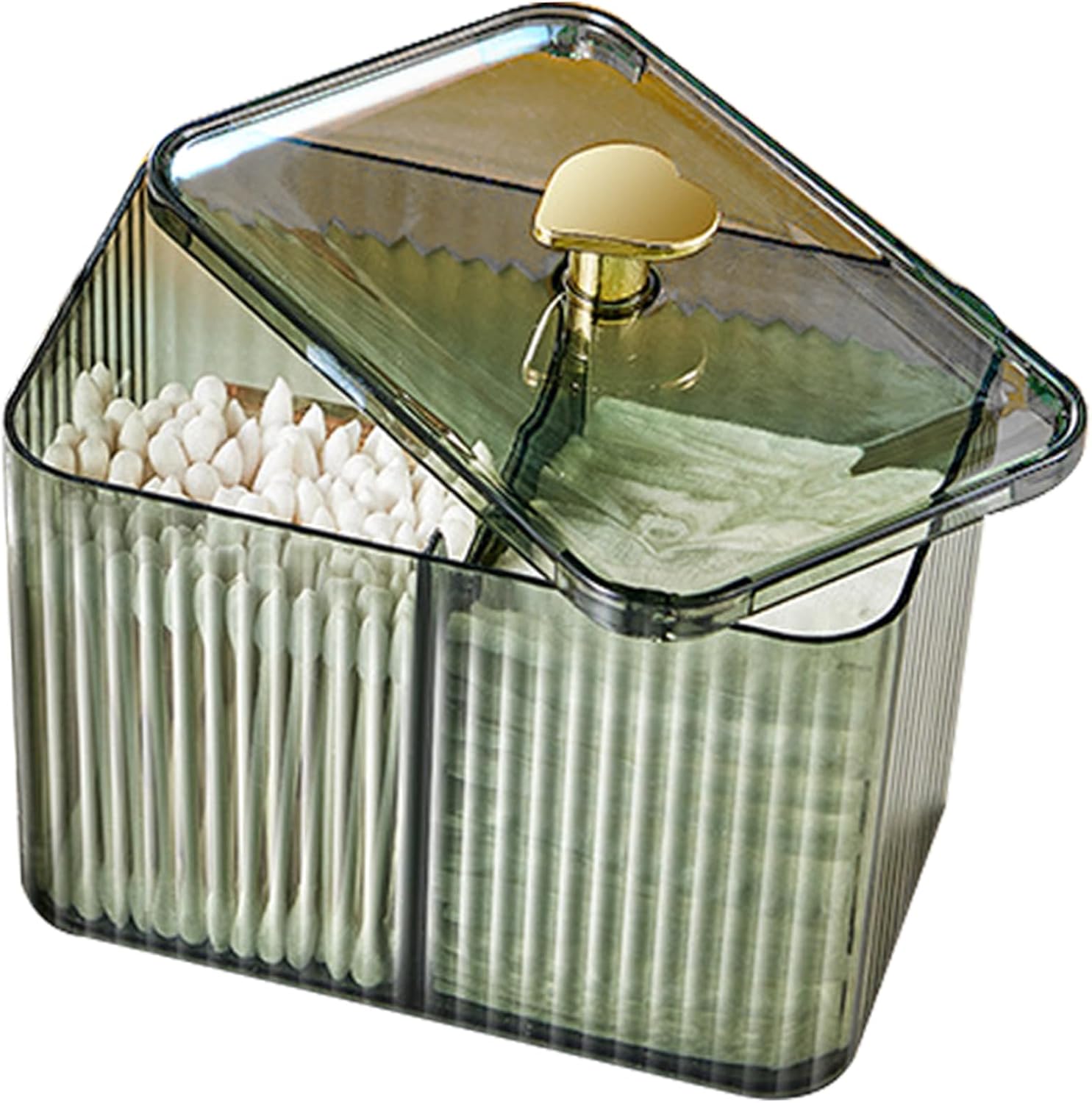 Naisicore Dispensador de hisopos de algodón, organizador de cosméticos transparente de 3 rejillas con tapa, soporte para hisopos de algodón, caja de